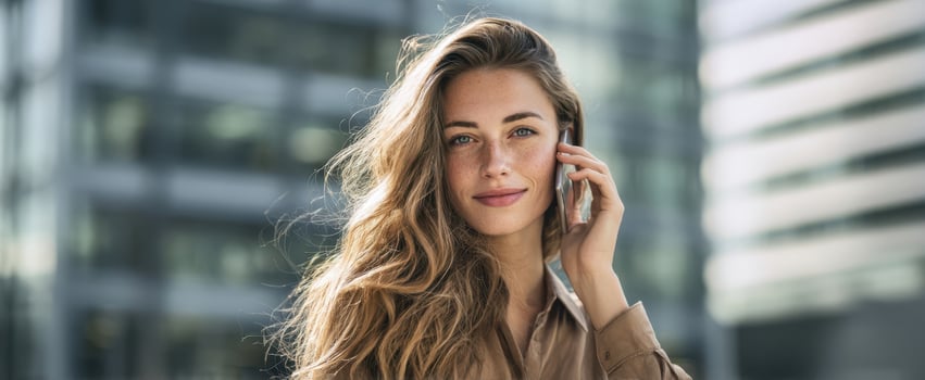 The young woman engaging in a phone conversation with a charming smile. photo