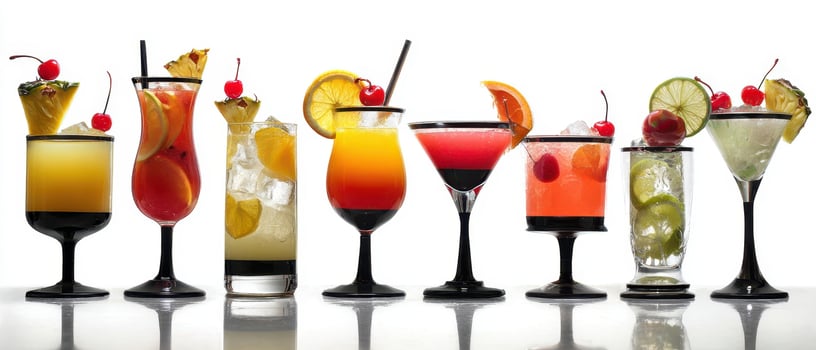The colorful array of cocktails showcasing vibrant garnishes and refreshing flavors. photo