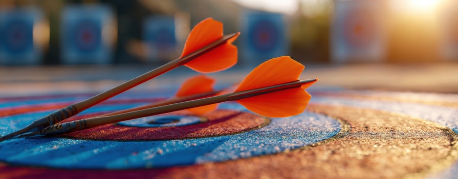 The brightly colored arrows resting on a vibrant archery target at sunset. photo