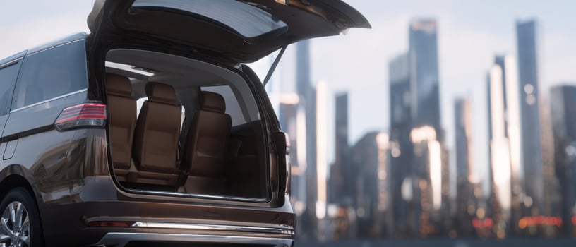 The luxurious minivan with spacious interior against a stunning city skyline. photo