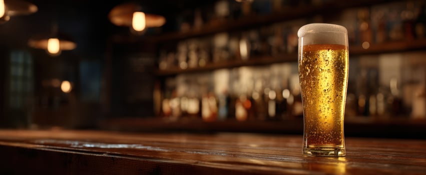 The refreshing glass of beer on a rustic bar table in a cozy pub setting. photo