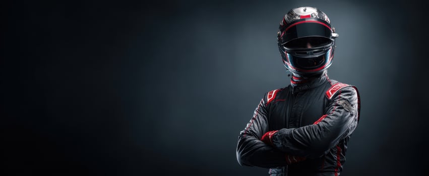 The racing driver in a dynamic pose against a dramatic dark background. photo