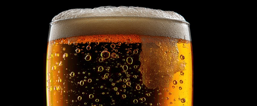 The frothy beer glass filled with amber liquid and bubbles photo