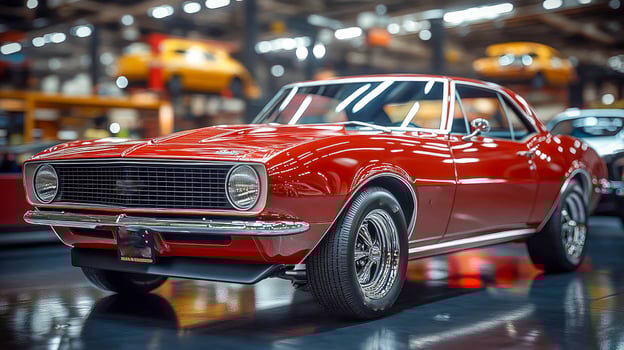 A red classic car is parked in a garage photo