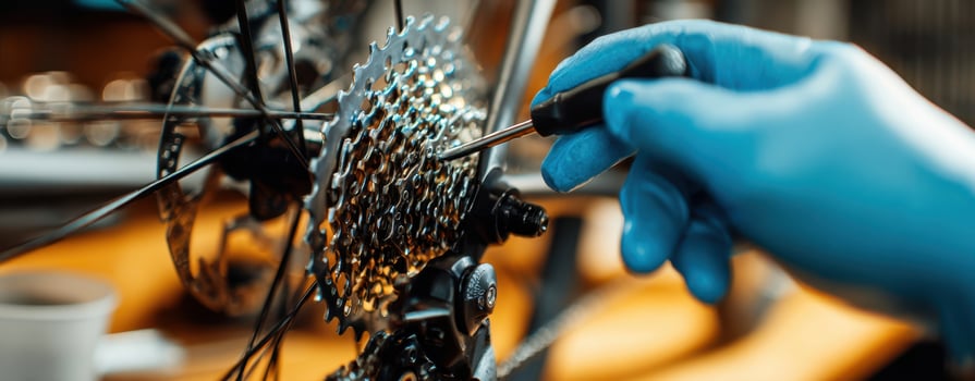The hand adjusting bicycle gears with a screwdriver in a workshop setting. photo