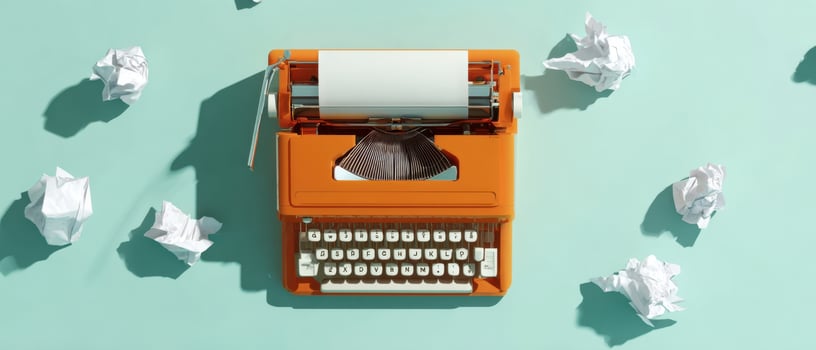 The vibrant orange typewriter surrounded by crumpled papers in a creative setting. photo