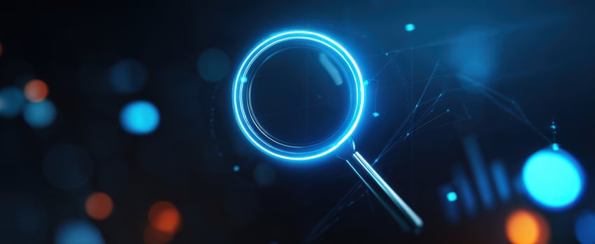 The illuminated magnifying glass symbolizing digital exploration and analysis in technology. photo