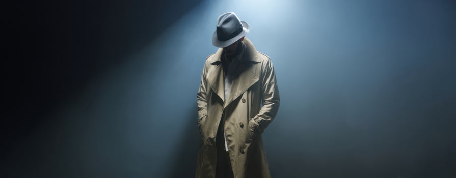 The mysterious figure in a trench coat under dramatic spotlight. photo