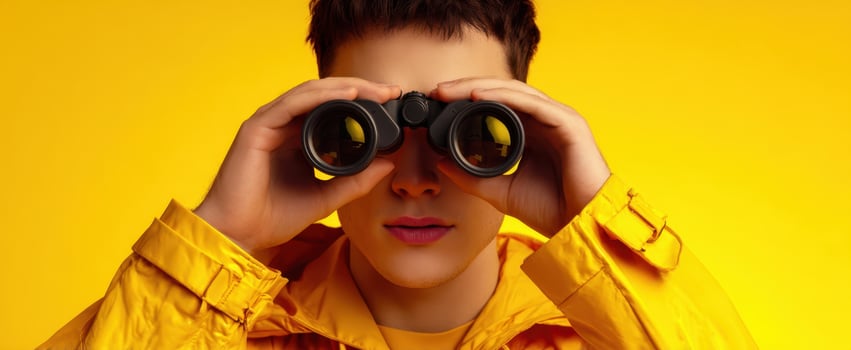 The individual wearing binoculars against a vibrant yellow backdrop. photo