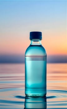 1 A bottle of water sitting on the water with a sunset in the background photo