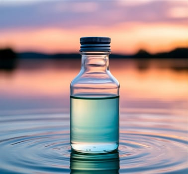 A bottle of liquid sitting on the water with a sunset in the background photo