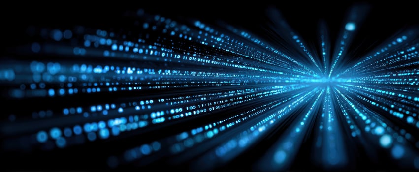 The futuristic digital stream of glowing blue binary data particles. photo