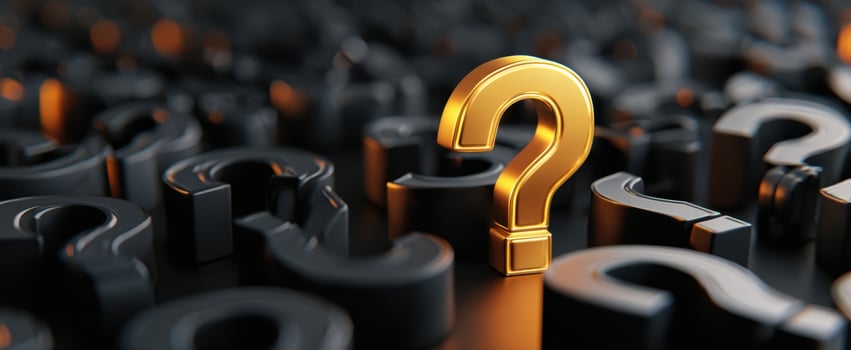 The Golden Question Mark Surrounded by Black Inquiry Symbols photo