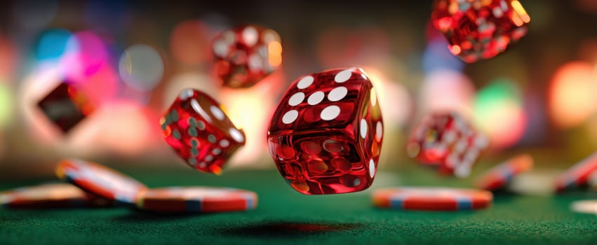 The vibrant red dice floating above poker chips in an exciting casino atmosphere. photo