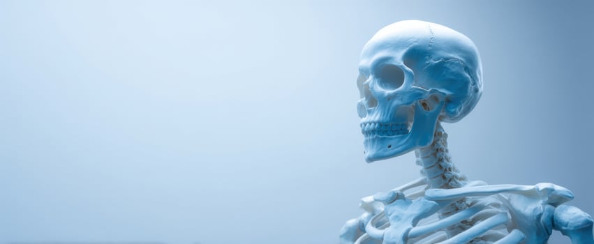 The detailed human skeleton model showcased in a clinical setting photo