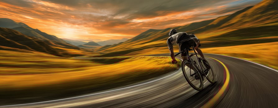 The cyclist racing through a stunning sunset landscape with scenic mountains. photo
