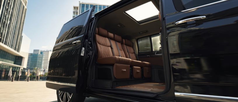 The luxurious interior of a black SUV showcasing comfort and elegance. photo