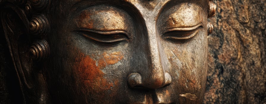 The Serene Buddha Face Surrounded by Natural Elements and Textures photo
