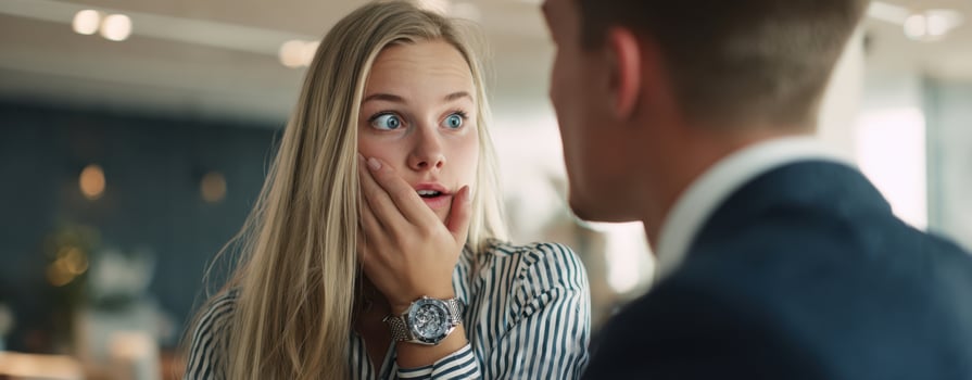 The surprised young woman sharing an intimate moment with a man. photo