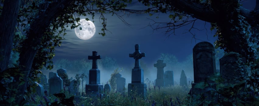 The haunting graveyard illuminated by a full moon at night. photo