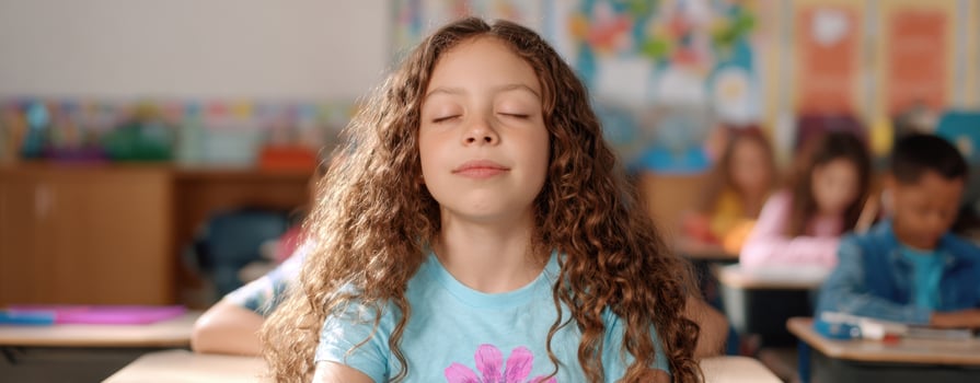 The girl in a classroom practicing mindfulness and meditation for better focus. photo