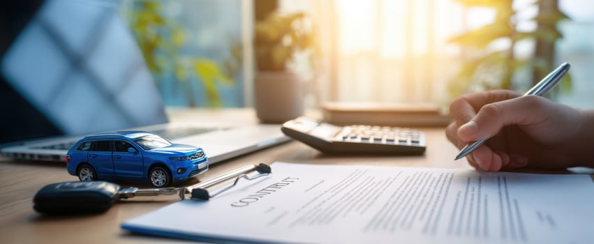 The model car and contract represent a vehicle purchase agreement in an office setting. photo