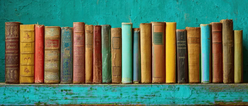 The vintage collection of beautifully arranged books on a turquoise shelf. photo