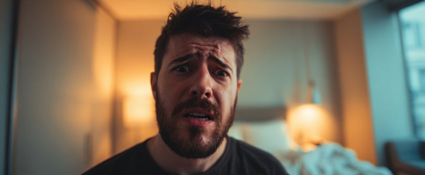 The surprised man expressing anxiety in a cozy bedroom setting. photo
