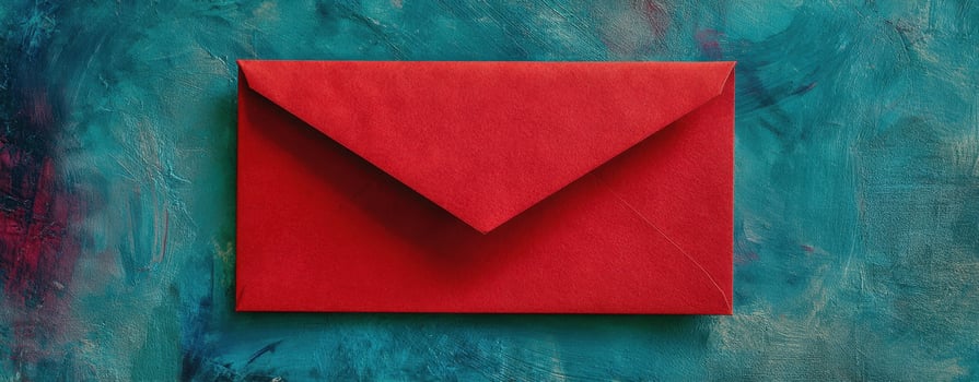 The vibrant red envelope resting on a textured teal surface. photo