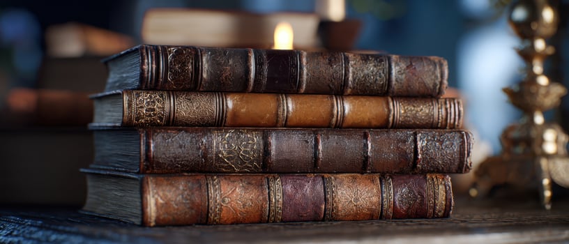 The beautiful collection of vintage leather books with ornate spines and warm candlelight. photo