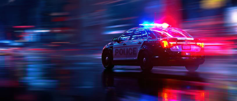 The police car speeding through a vibrant urban landscape at night. photo