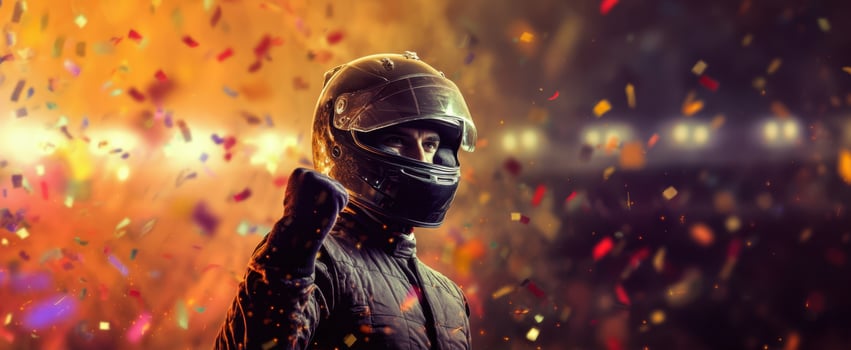 The racing driver celebrates victory in a vibrant and colorful atmosphere. photo
