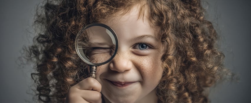 The curious girl with a magnifying glass exploring the world around her. photo