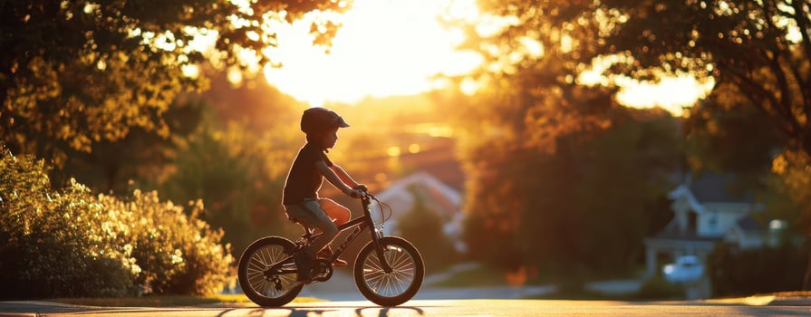 The joyful child riding a bicycle at sunset in a serene landscape. photo