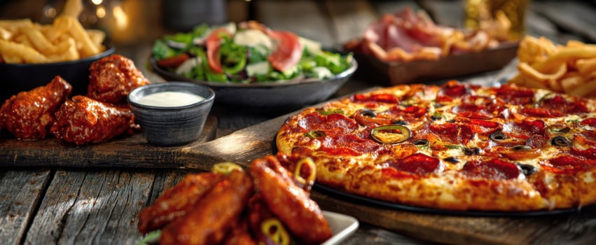 The mouthwatering pizza with an array of delicious appetizers on a rustic table photo