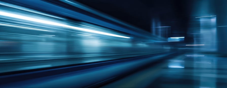 The dynamic movement of a train through a futuristic urban environment. photo