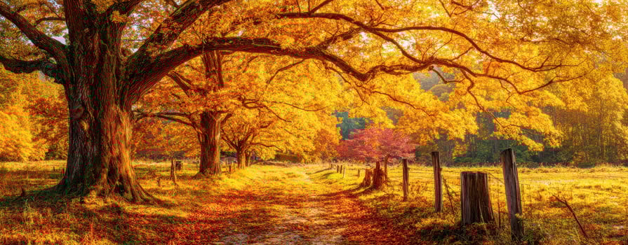 The vibrant autumn trees lining a tranquil country pathway through nature. photo