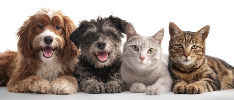 The joyful gathering of playful dogs and cats in a studio setting. photo