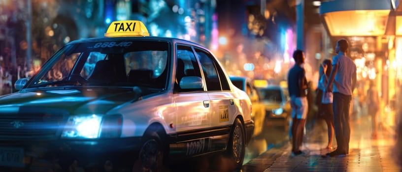 The vibrant taxi waiting in a bustling city during nighttime. photo