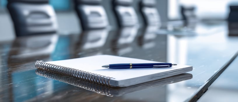 The sleek notebook and pen on a modern conference table setting. photo