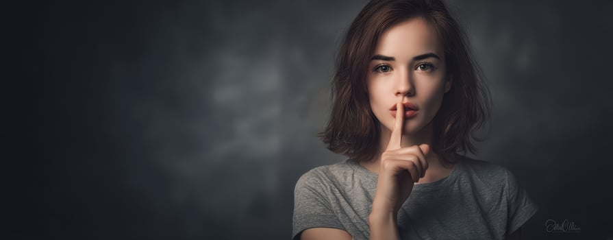 The woman holding her finger to her lips in a silent gesture of shushing. photo