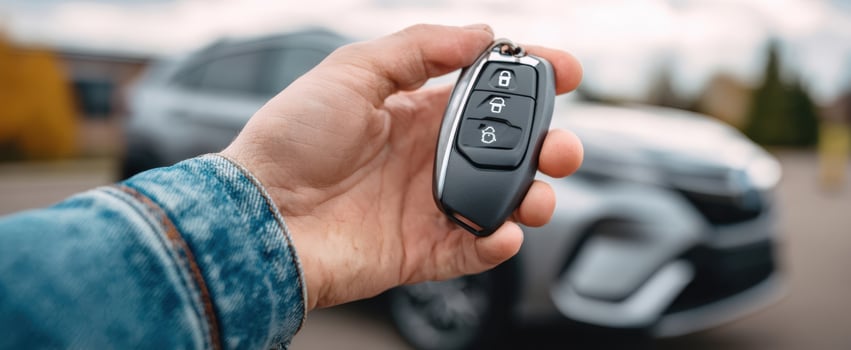 The car keys held in hand with a modern vehicle in background. photo