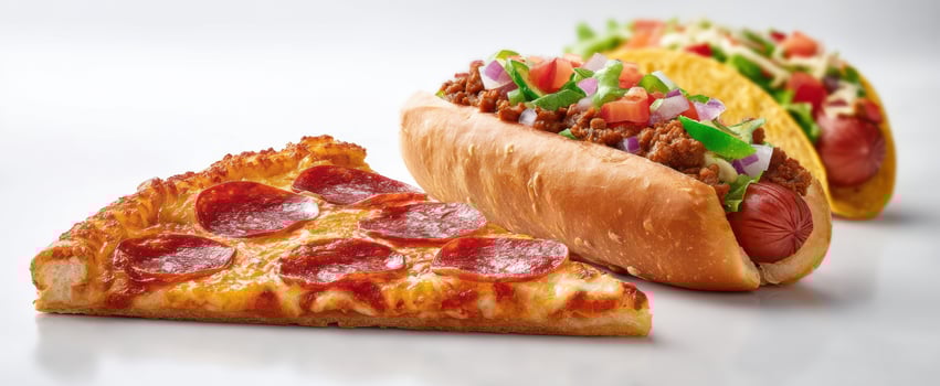 The mouthwatering assortment of pizza, hotdog, and taco for delicious indulgence. photo