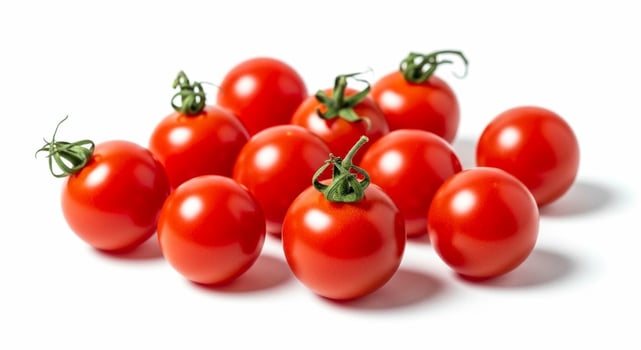 Fresh Red Cherry Tomatoes with Green Stems on White Background. photo