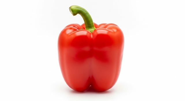 Fresh whole red bell pepper with a green stem standing upright on a clean white background. photo