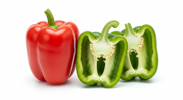 Red and Green Bell Peppers on White Background. photo