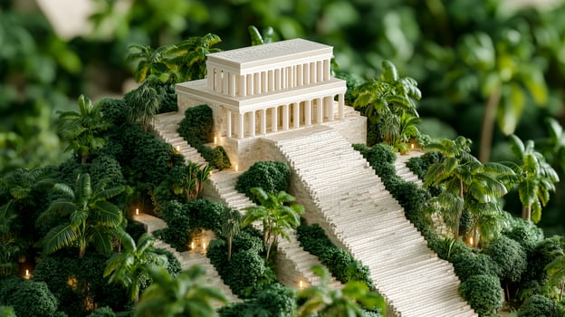 A model of a temple in the middle of a jungle photo