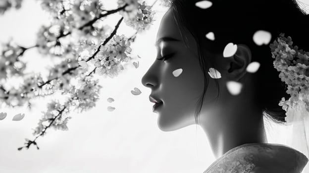 Profile of woman with cherry blossoms photo