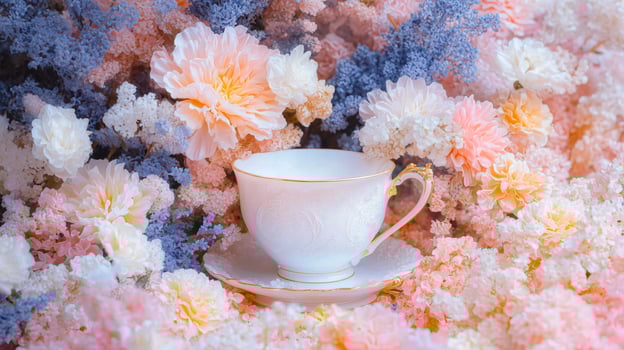 A cup and saucer are surrounded by flowers photo