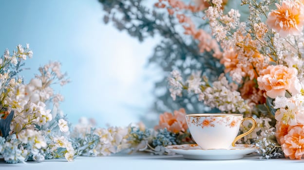 A cup of tea and flowers on a blue background photo